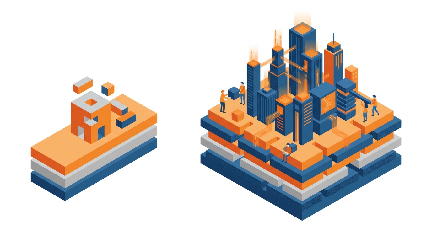 Ilustração isométrica de uma estrutura digital sendo construída sobre uma base de tecnologia, simbolizando a pilha de tecnologia como alicerce do projeto.