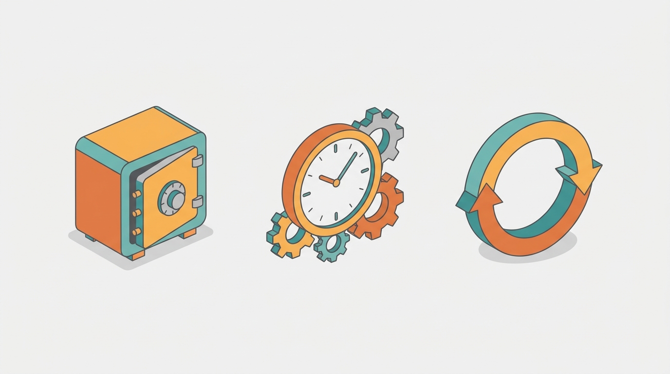 Três ícones isométricos representando modelos de precificação de software: preço fixo, tempo e materiais, e assinatura.