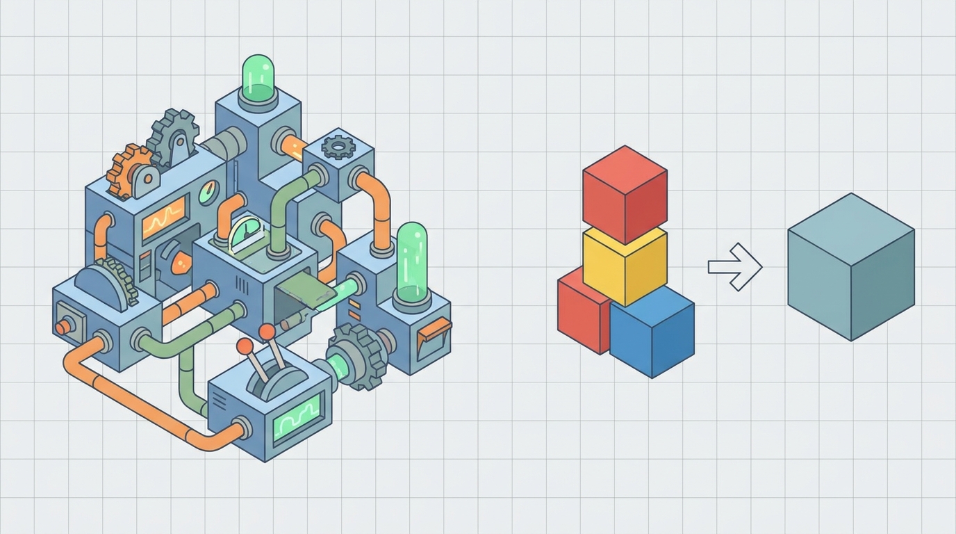 Ilustração de um sistema customizado complexo ao lado de blocos simples, mostrando a diferença para o no-code.