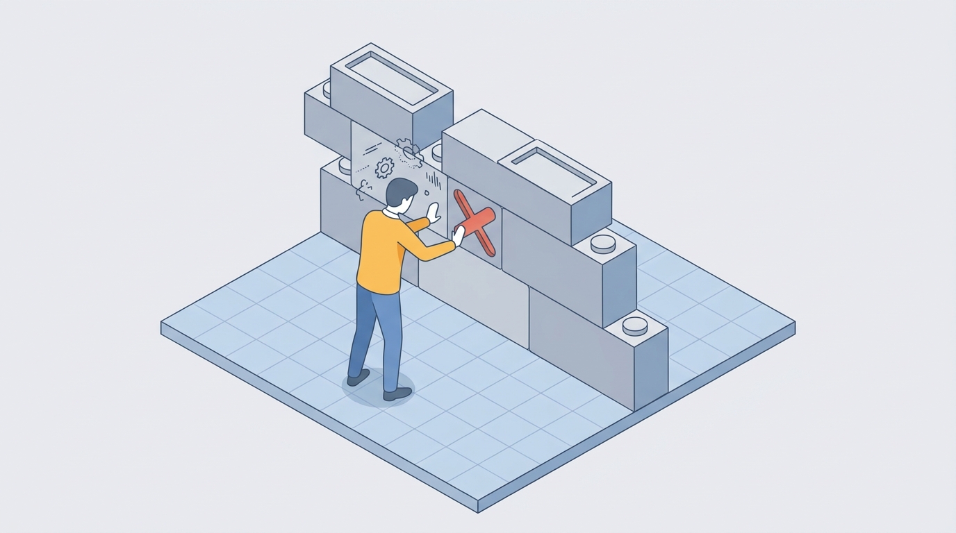 Ilustração de uma pessoa encontrando uma parede de blocos, simbolizando as limitações de uma plataforma no-code.
