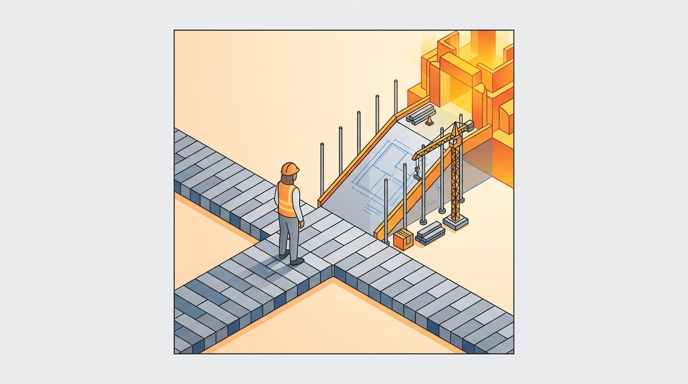 Ilustração isométrica de uma pessoa em uma encruzilhada, escolhendo entre um caminho simples e pronto e outro em construção que leva a uma estrutura mais complexa e elevada.